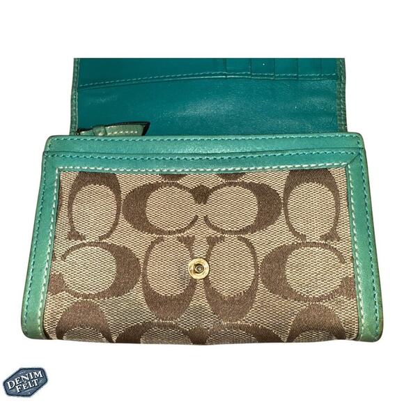 Coach Vintage Signature Canvas & Leather Trim Wallet Green/Brown Trifold - Picture 10 of 12